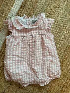 Coconuts by Matisse Pink and White Gingham Bubble Romper with Lace Collar